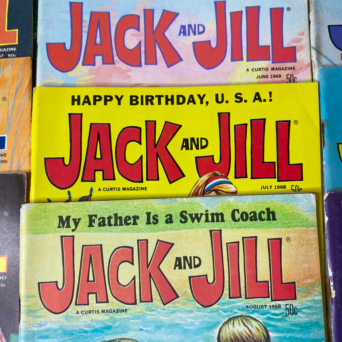 Lot of 33 Jack and Jill Story Magazine 1966 - 1969 displaying colorful covers from June 1968, July 1968, and August 1968 issues.