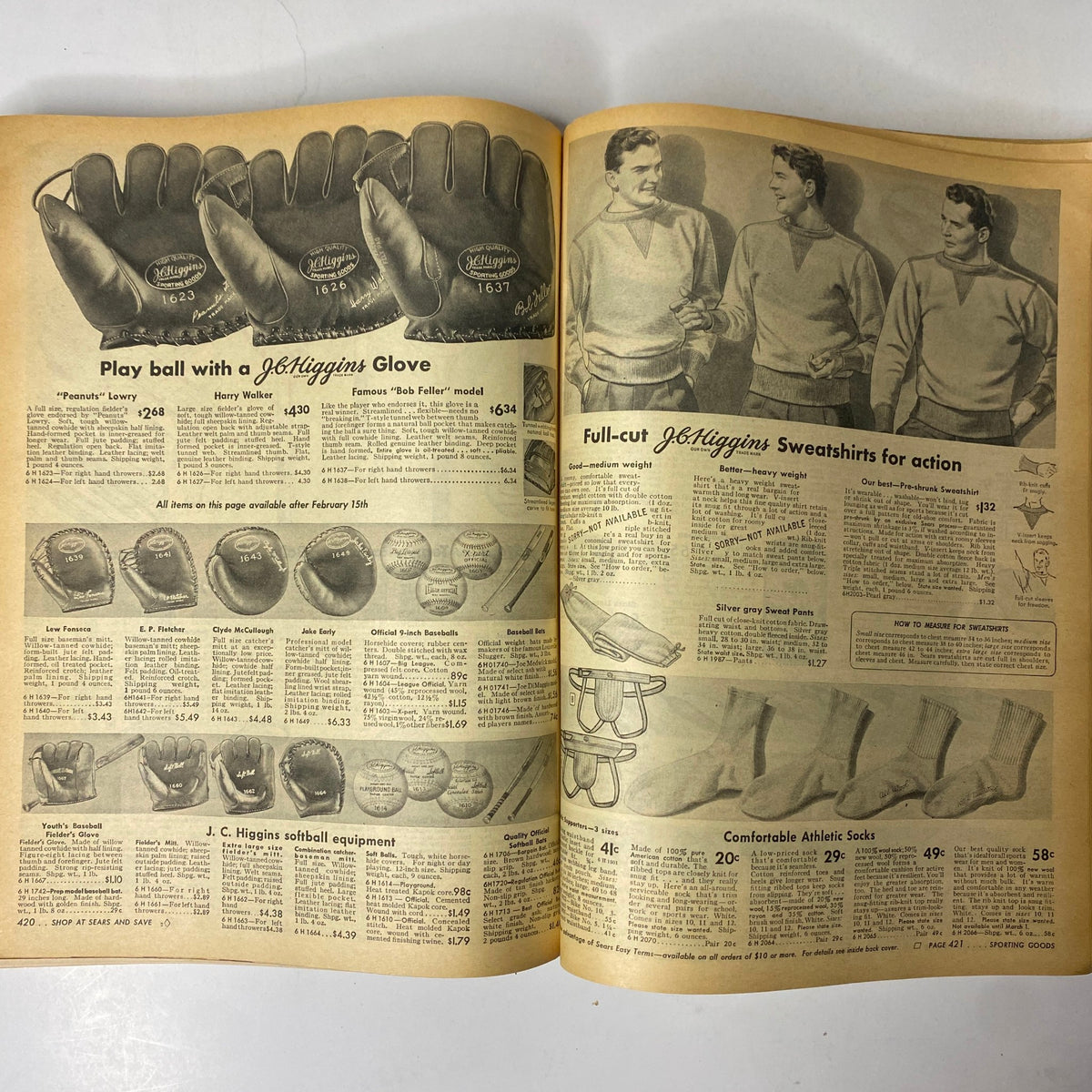 1944 Sears, Roebuck and Co. Spring and Summer Catalog showcasing athletic gloves and sweatshirts, reflecting wartime fashion and sporting goods.