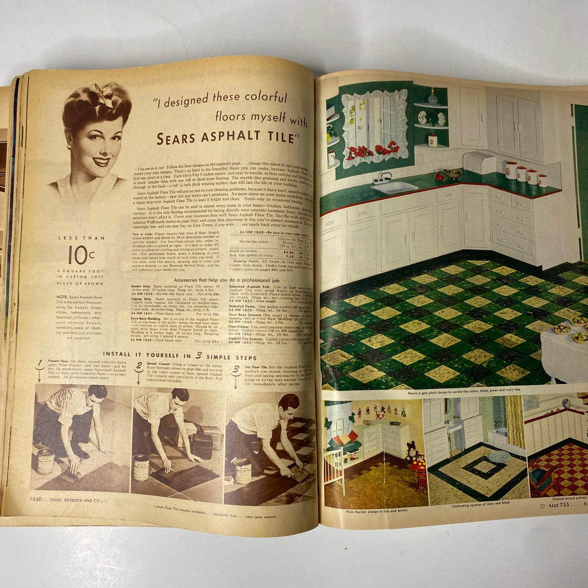 1944 Sears, Roebuck and Co. Spring and Summer Catalog featuring a woman promoting Sears Asphalt Tile for DIY home flooring, with a step-by-step installation guide, emphasizing practical home improvements.
