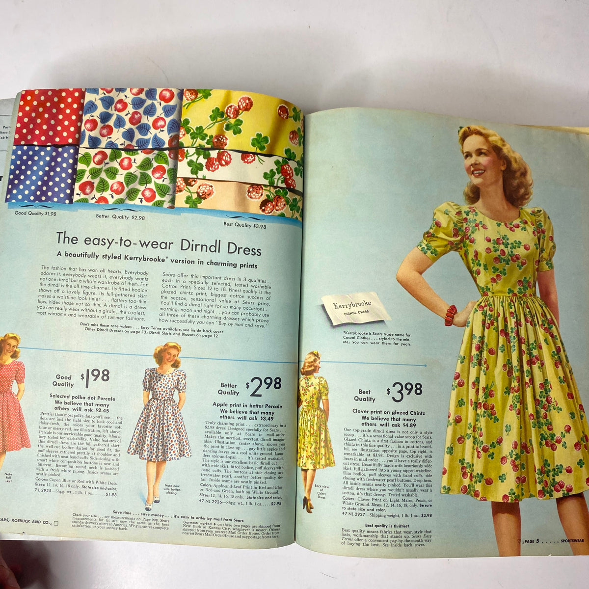 Interior page of the 1942 Sears, Roebuck and Co. Spring and Summer Catalog displaying various dresses including an easy-to-wear Dirndl dress in floral prints, illustrating mid-20th century fashion trends.