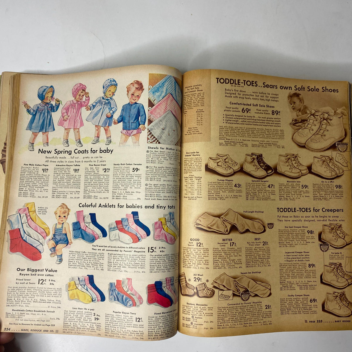 1942 Sears, Roebuck and Co. Spring and Summer Catalog page displaying adorable spring coats for babies and toddler shoes, reflecting childhood fashion in wartime America.