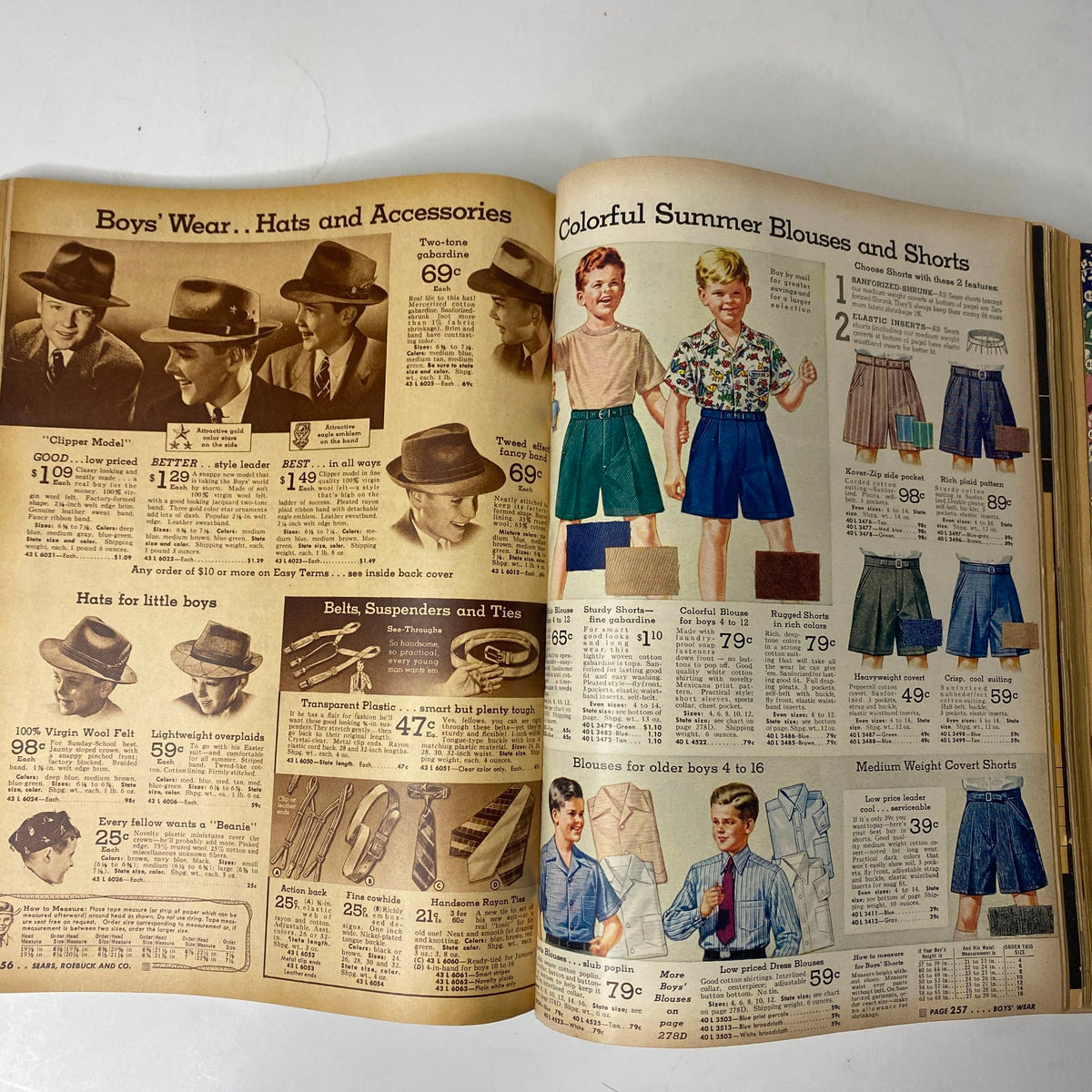 1942 Sears, Roebuck and Co. Spring and Summer Catalog illustrating boys' hats, accessories, and colorful summer blouses and shorts. Insight into children's fashion choices during the era.