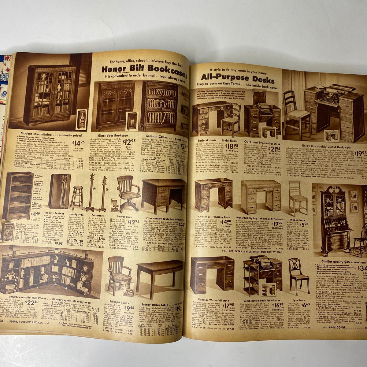 1942 Sears, Roebuck and Co. Spring and Summer Catalog page displaying bookcases and desks. Highlights furniture options including modern desks and storage solutions with pricing details.