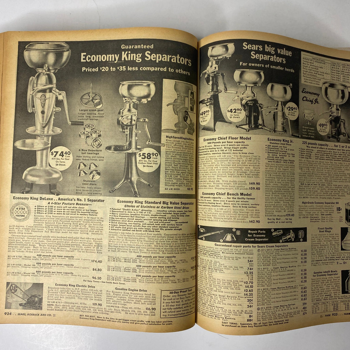 1942 Sears, Roebuck and Co. Spring and Summer Catalog page featuring economy kitchen separators. Lists various models and prices, showcasing practical solutions for home dairy needs.