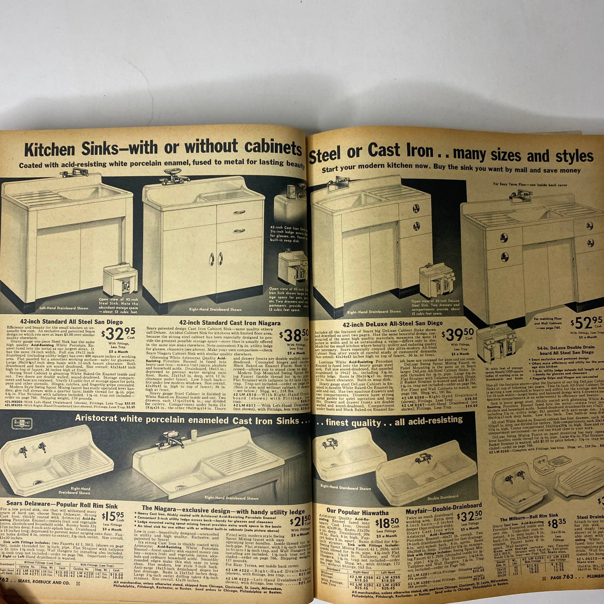 1942 Sears, Roebuck and Co. Spring and Summer Catalog featuring various kitchen sinks, emphasizing steel and cast iron options for modern kitchen designs.