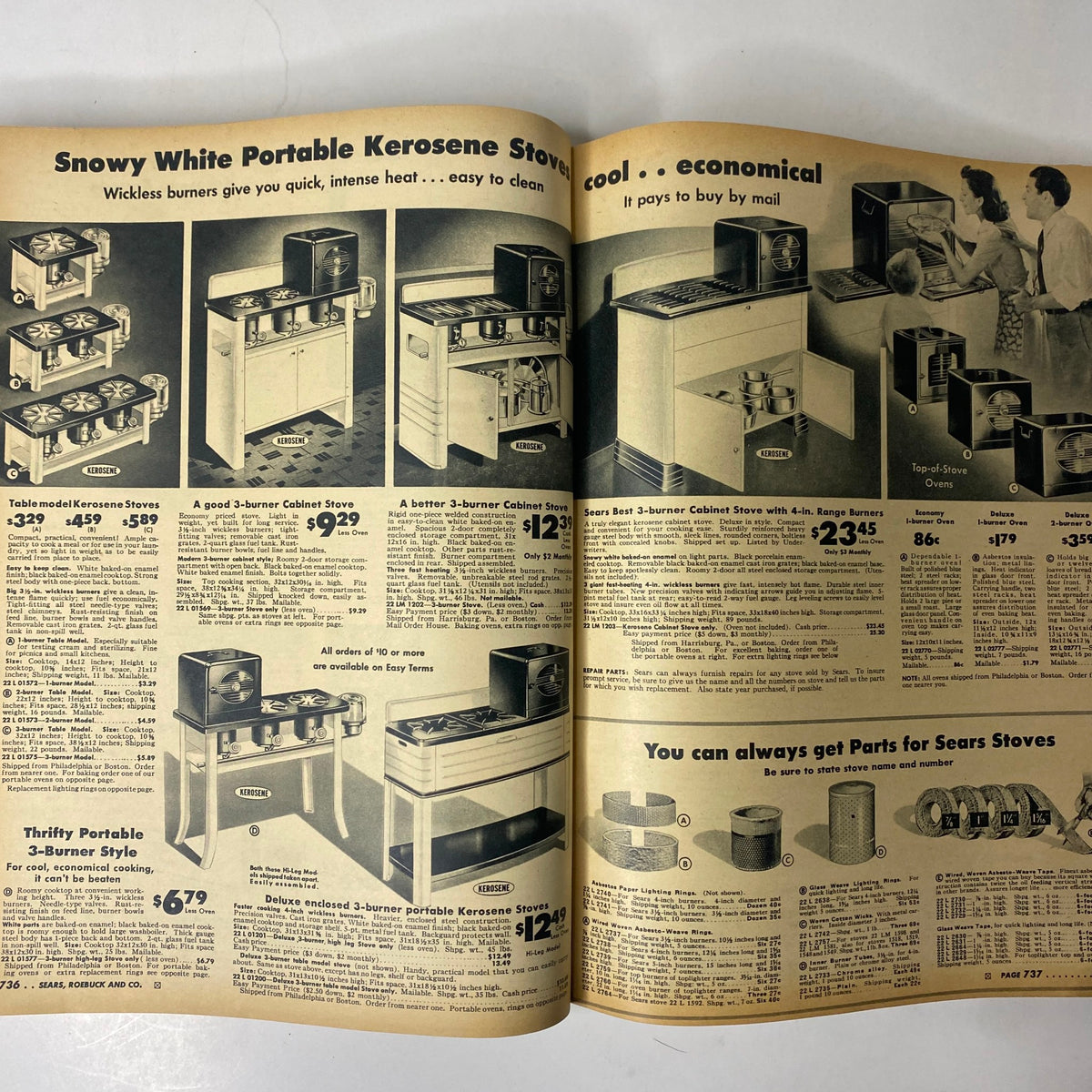 1942 Sears, Roebuck and Co. Spring and Summer Catalog showcasing Snowy White Portable Kerosene Stoves with pricing and descriptions for economical cooking solutions.