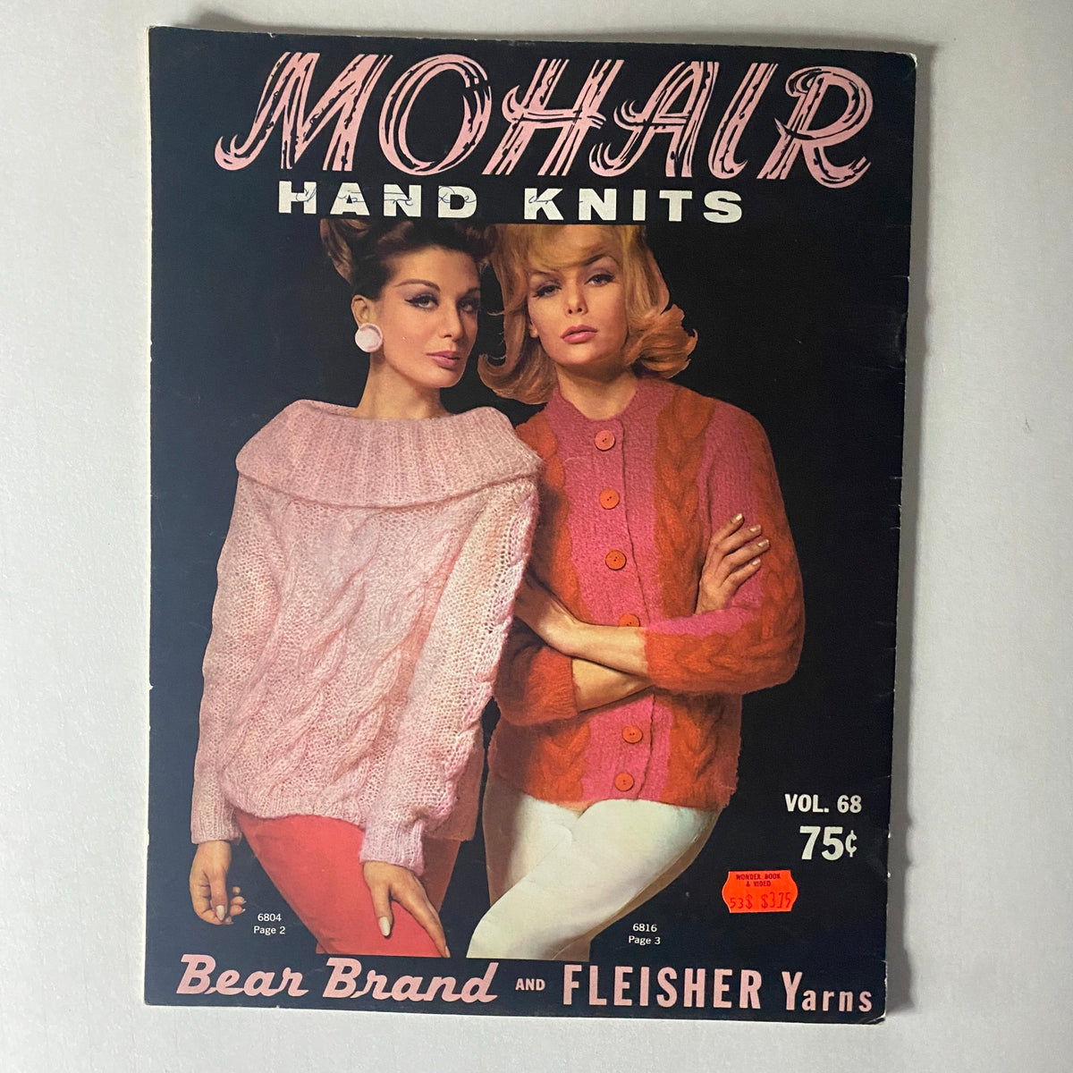 1967 Vol. 68 Mohair Hand Knits - Cover page of Bear Brand and Fleisher Yarns catalog featuring vintage mohair knit sweaters on models.