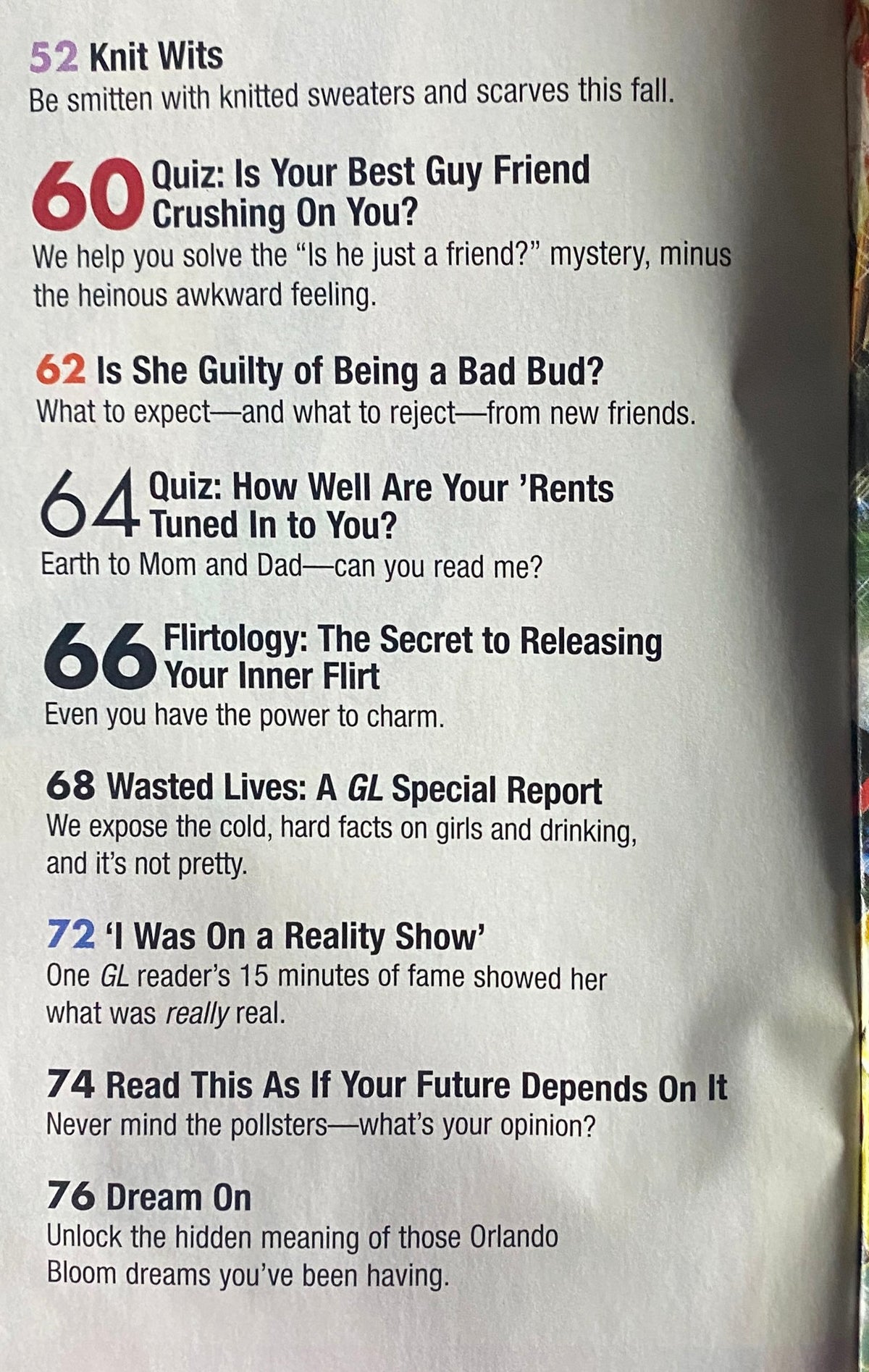 Inside page of Girls' Life Magazine October 2004 with engaging content including quizzes like 'Is Your Best Guy Friend Crushing On You?' and fashion tips for fall, reflecting teenage interests from the early 2000s.