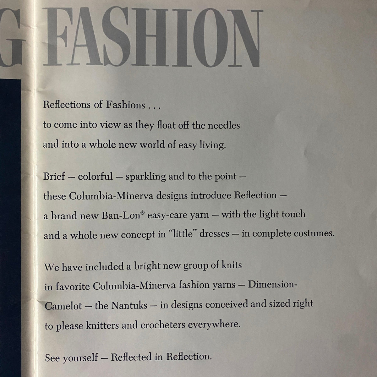 Text page from the 1967 Columbia Minerva Reflecting Fashion publication introducing the Ban-Lon yarn, detailing the concept of colorful, easy-care yarn for knitters.