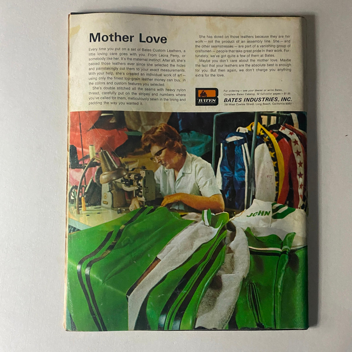 Back cover of Cycle World Magazine March 1972 featuring an article titled 'Mother Love' showcasing a woman sewing motorcycle leathers, encapsulating the craftsmanship within motorcycle culture.