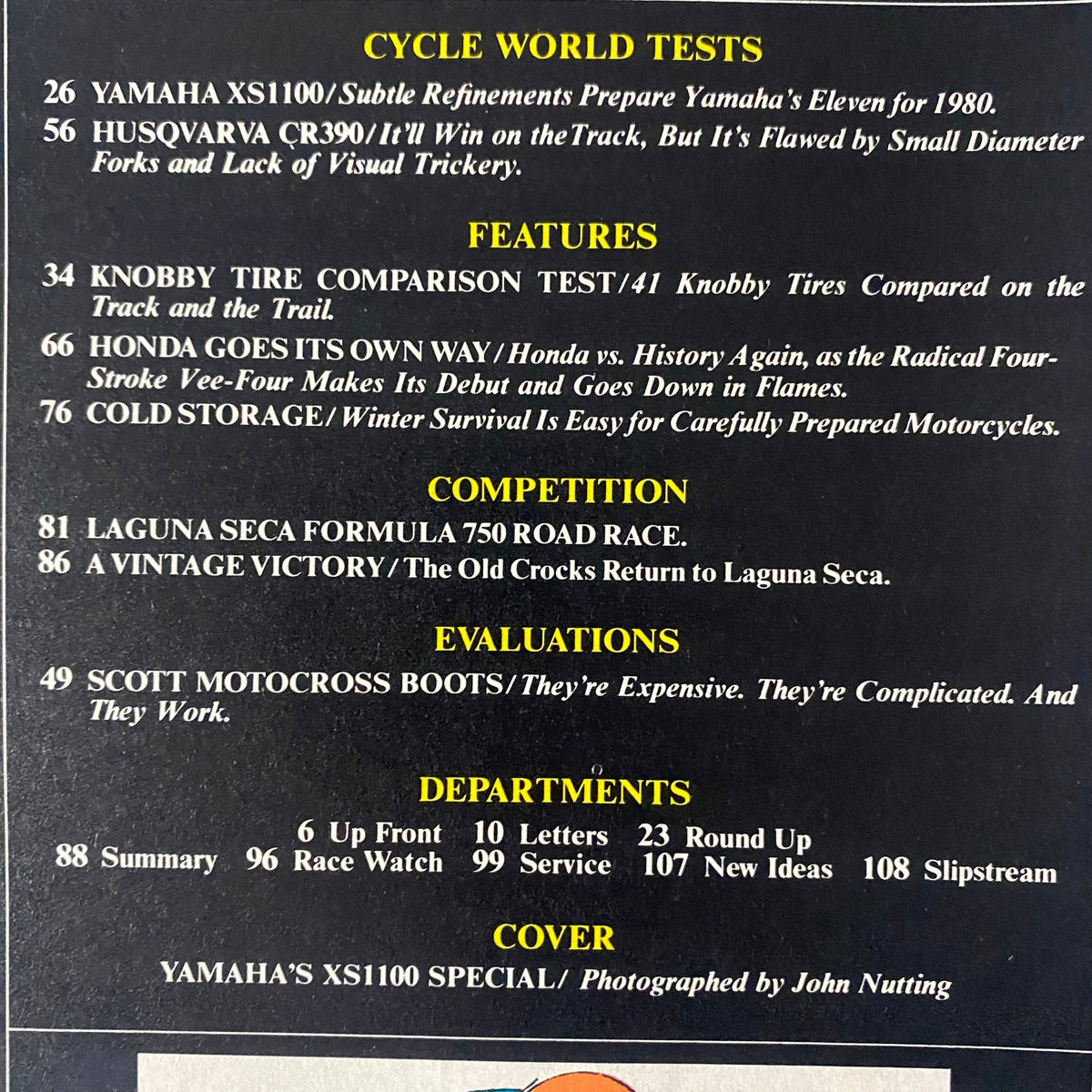 Table of contents from Cycle World Magazine – December 1979 detailing features, tests, and articles including the Yamaha XS1100 and Husqvarna CR390.