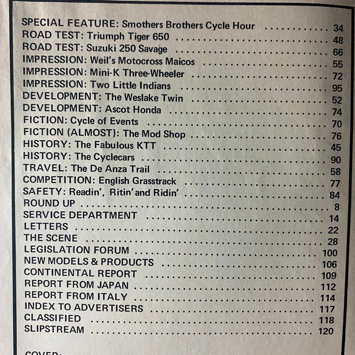 Table of contents from Cycle World Magazine March 1969, featuring articles on Triumph Tiger 650, Suzuki 250 Savage, and other motorcycle topics.