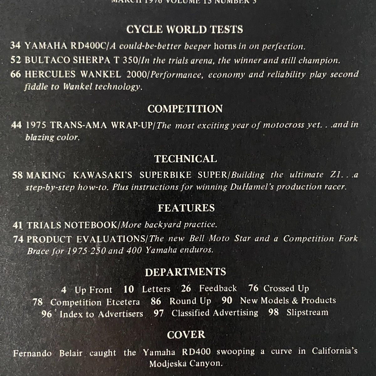 Cycle World Magazine March 1976 back cover detailing feature articles including Yamaha RD400C test and Trans-AMA wrap-up.