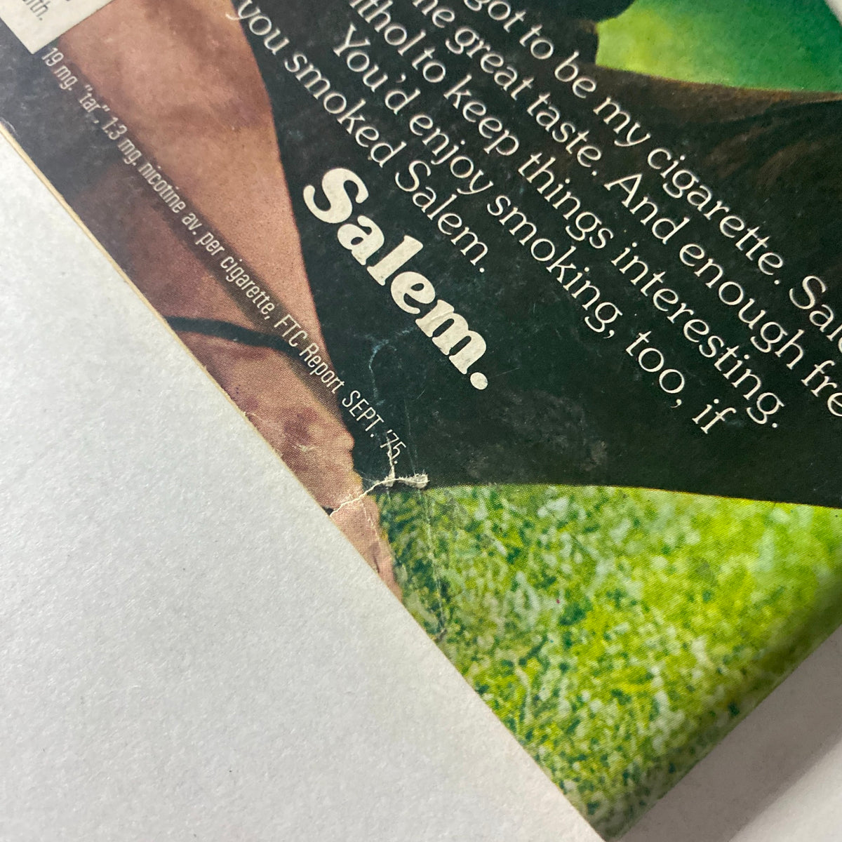 Close-up of the Cycle World Magazine July 1976 cover corner with a tagline about Salem cigarettes, highlighting vintage advertisement features and the design relevant to the magazine's content.