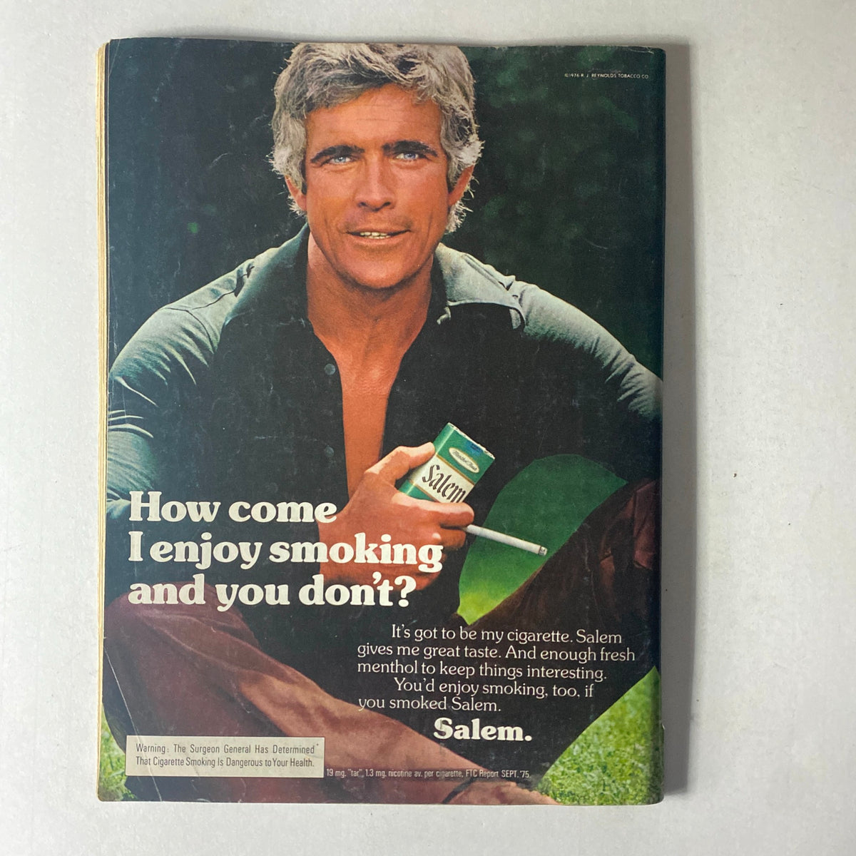 Cover of Cycle World Magazine August 1976 featuring a promotional advertisement for Salem cigarettes with a male model, showcasing the tagline about enjoying smoking. The ad captures the vintage style of advertising from the 1970s.