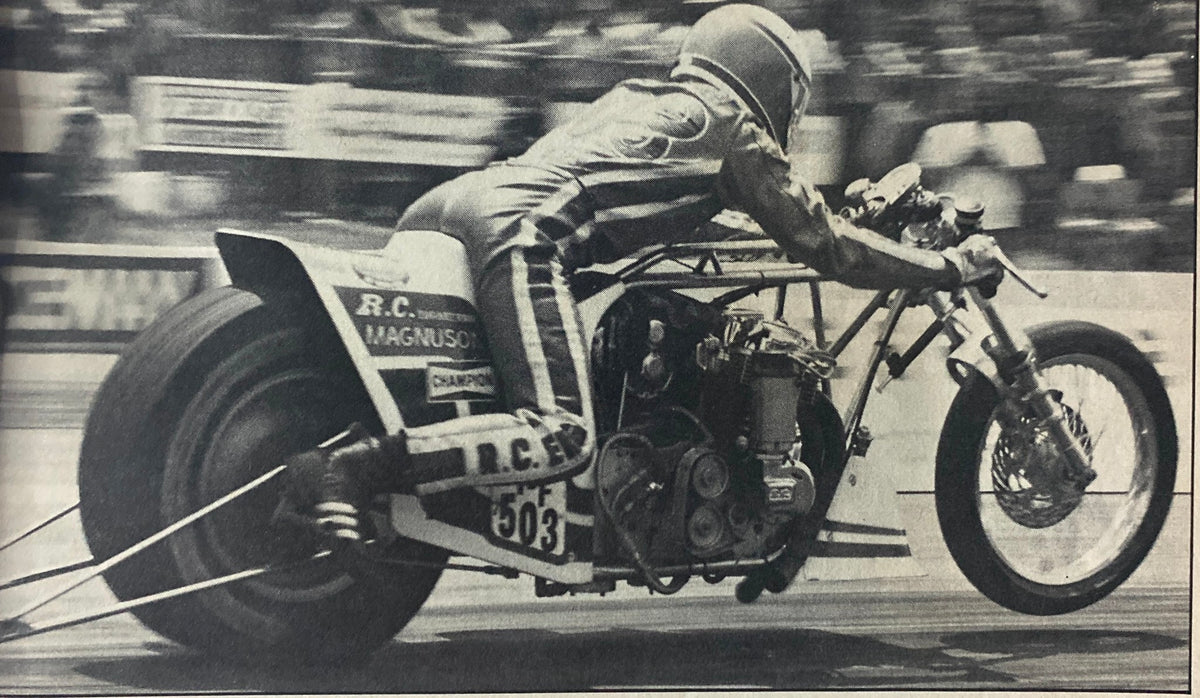 Action shot of a motorcycle drag race featured in Motorcyclist Magazine October 1978, demonstrating the excitement of early motocross.