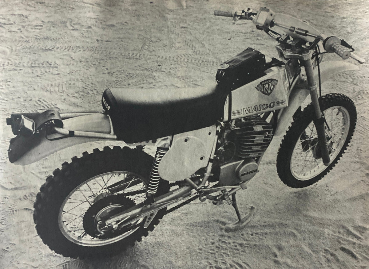 Maico 250WR Enduro motorcycle image from Cycle World Magazine February 1976, showcasing off-road bike design and performance.