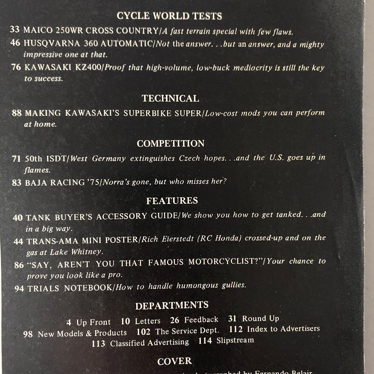 Table of contents from Cycle World Magazine February 1976, highlighting articles on Maico 250WR Cross Country and technical features.