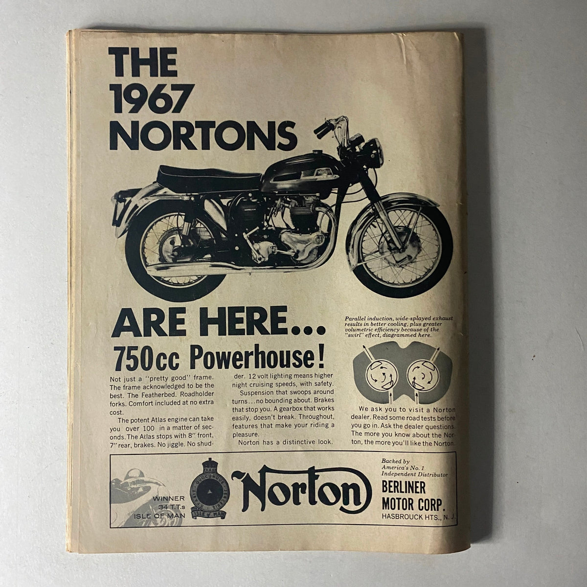 Historical advertisement in Motorcyclist Magazine January 1967 No. 836 promoting the 1967 Nortons, featuring a black and white image of a 750cc motorcycle with specifications highlighting its power and features.