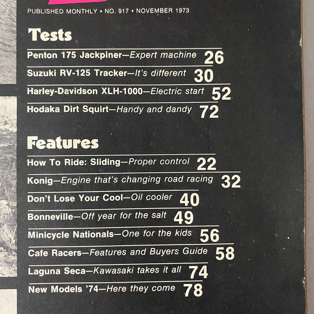 Table of contents from Motorcyclist Magazine, November 1973, listing featured articles including tests for the Penton 175 Jackpiner and other motorcycles.