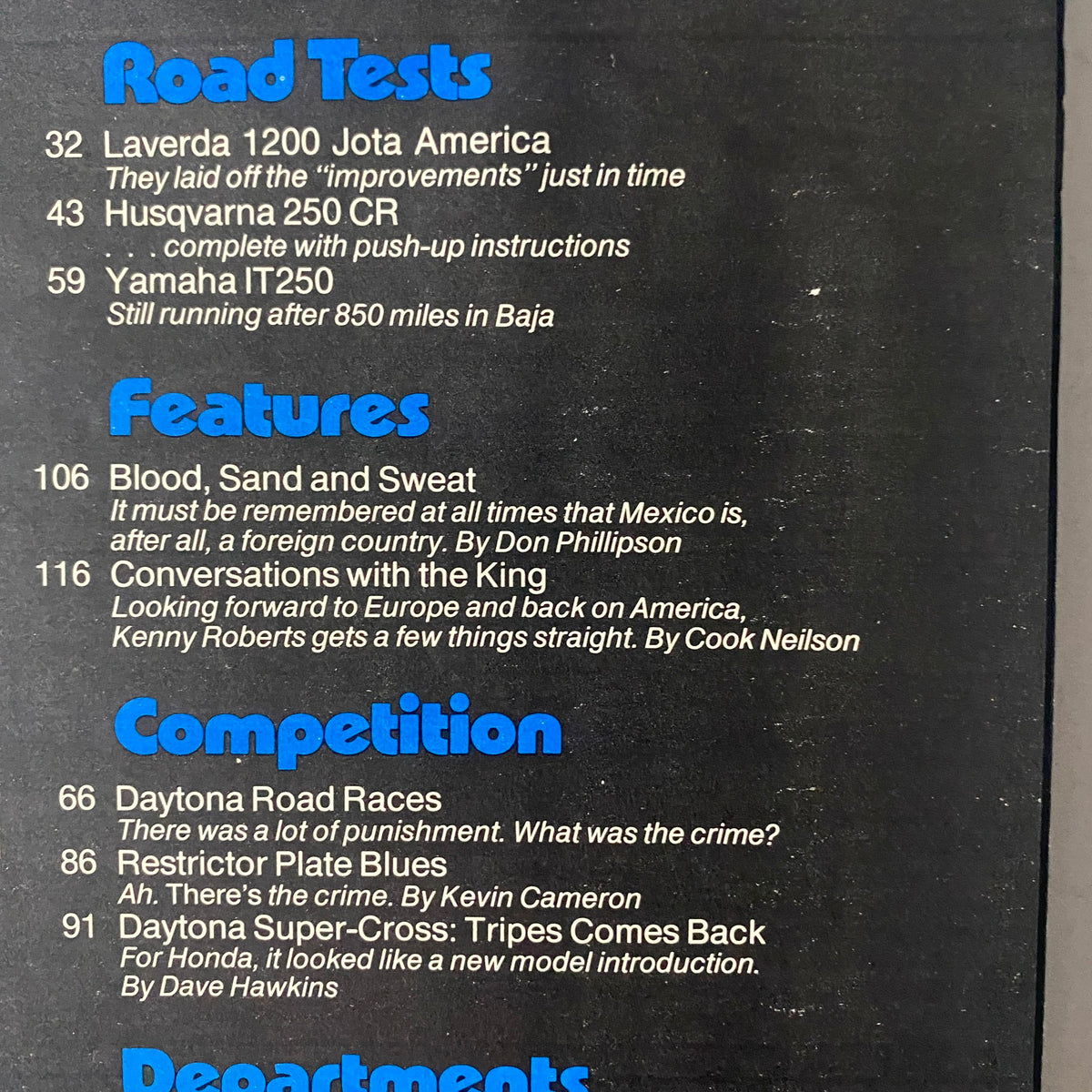 Table of contents from Cycle Magazine June 1978, highlighting road tests for Laverda 1200 Jota America, Husqvarna 250 CR, and Yamaha IT250.