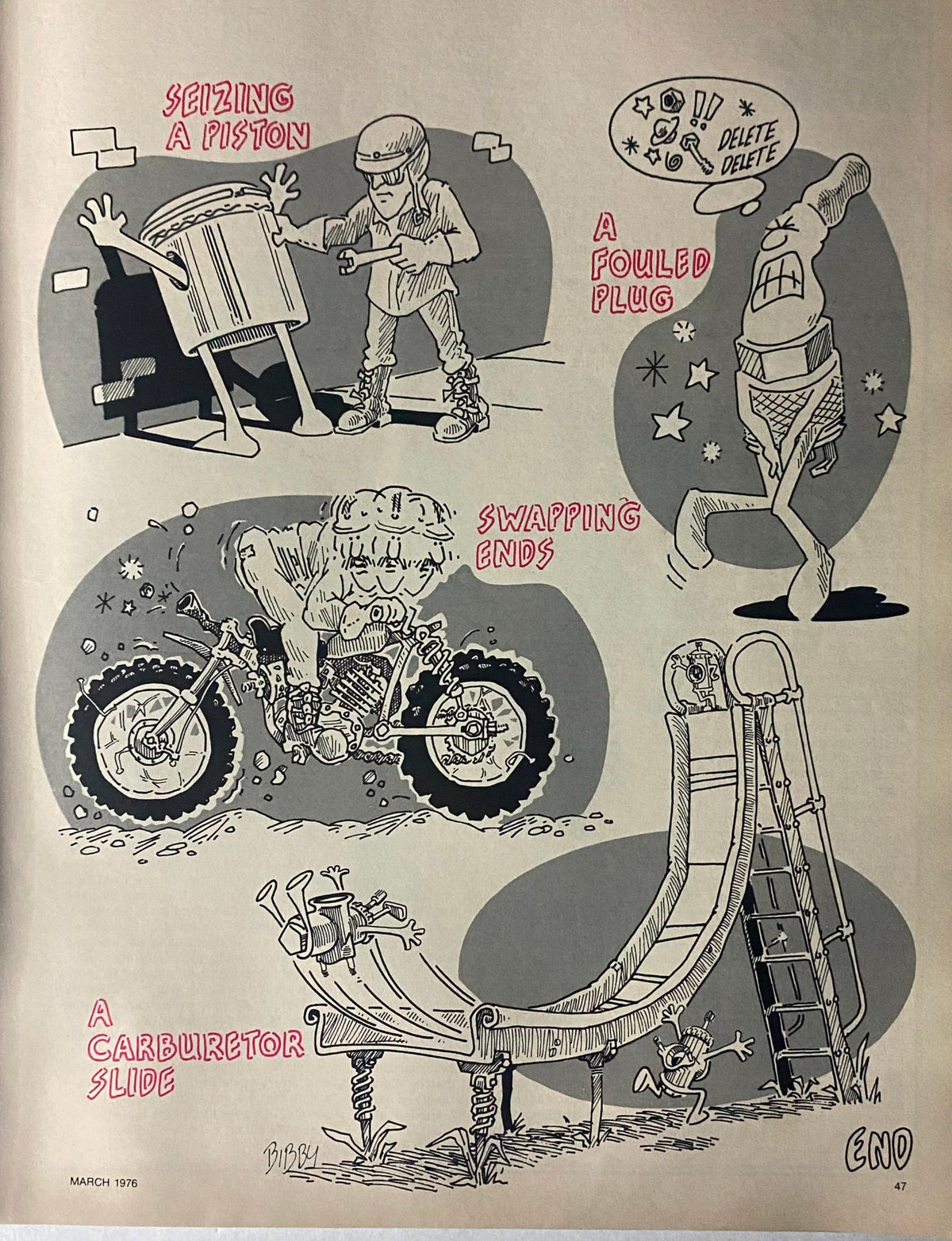 Cartoon illustration from Cycle Magazine March 1976 depicting humorous motorcycle maintenance scenarios, including seizing a piston and troubleshooting a fouled plug.