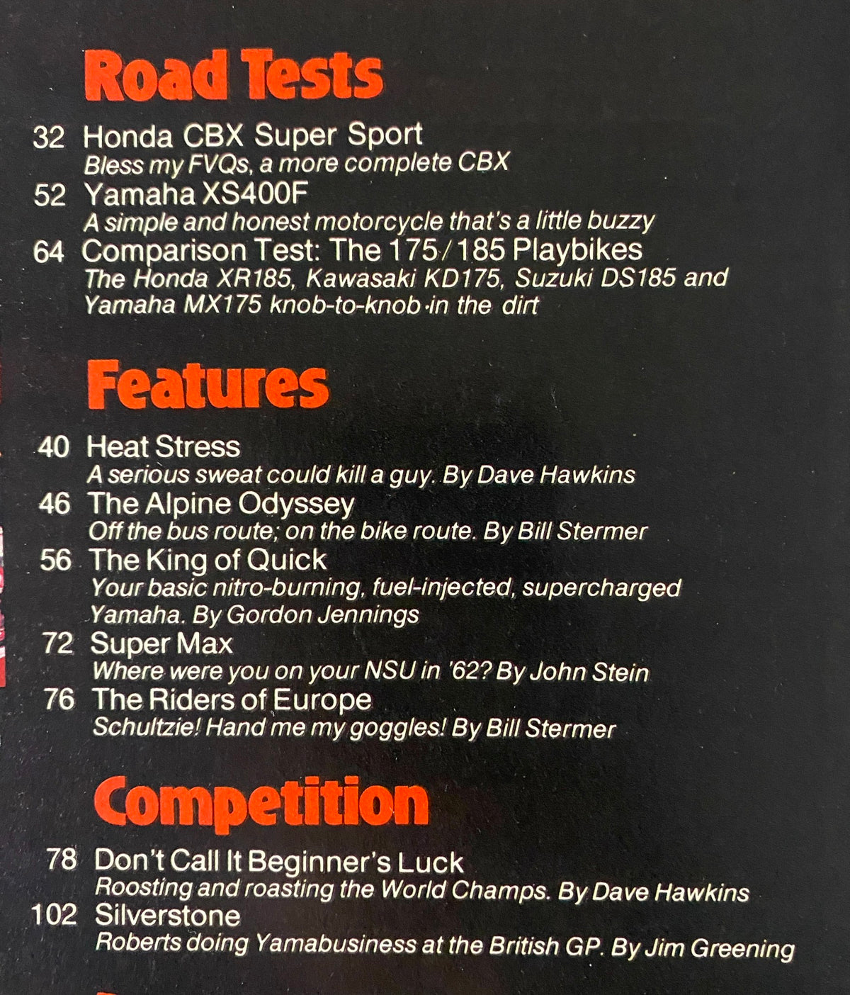 Table of contents from Cycle Magazine November 1979, detailing road tests and features including Honda CBX Super Sport and Yamaha XS400F.