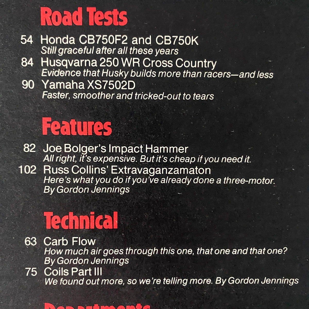 Contents page of Cycle Magazine, April 1977, listing key articles and road tests, including features on Honda CB750 F2, Husqvarna 250 WR Cross Country, and Yamaha XS7502D.