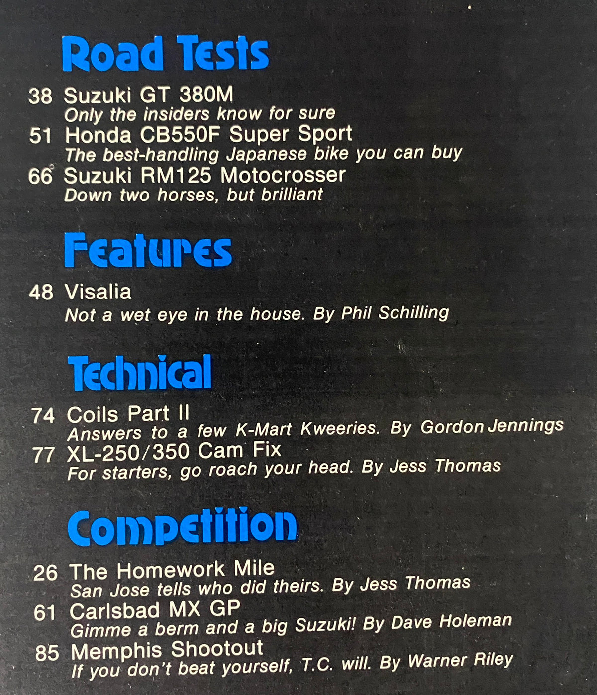 Contents page of Cycle Magazine from September 1975 listing road tests for Suzuki GT 380M, Honda CB550F Super Sport, and Suzuki RM125 Motocrosser, along with technical features and competition highlights.