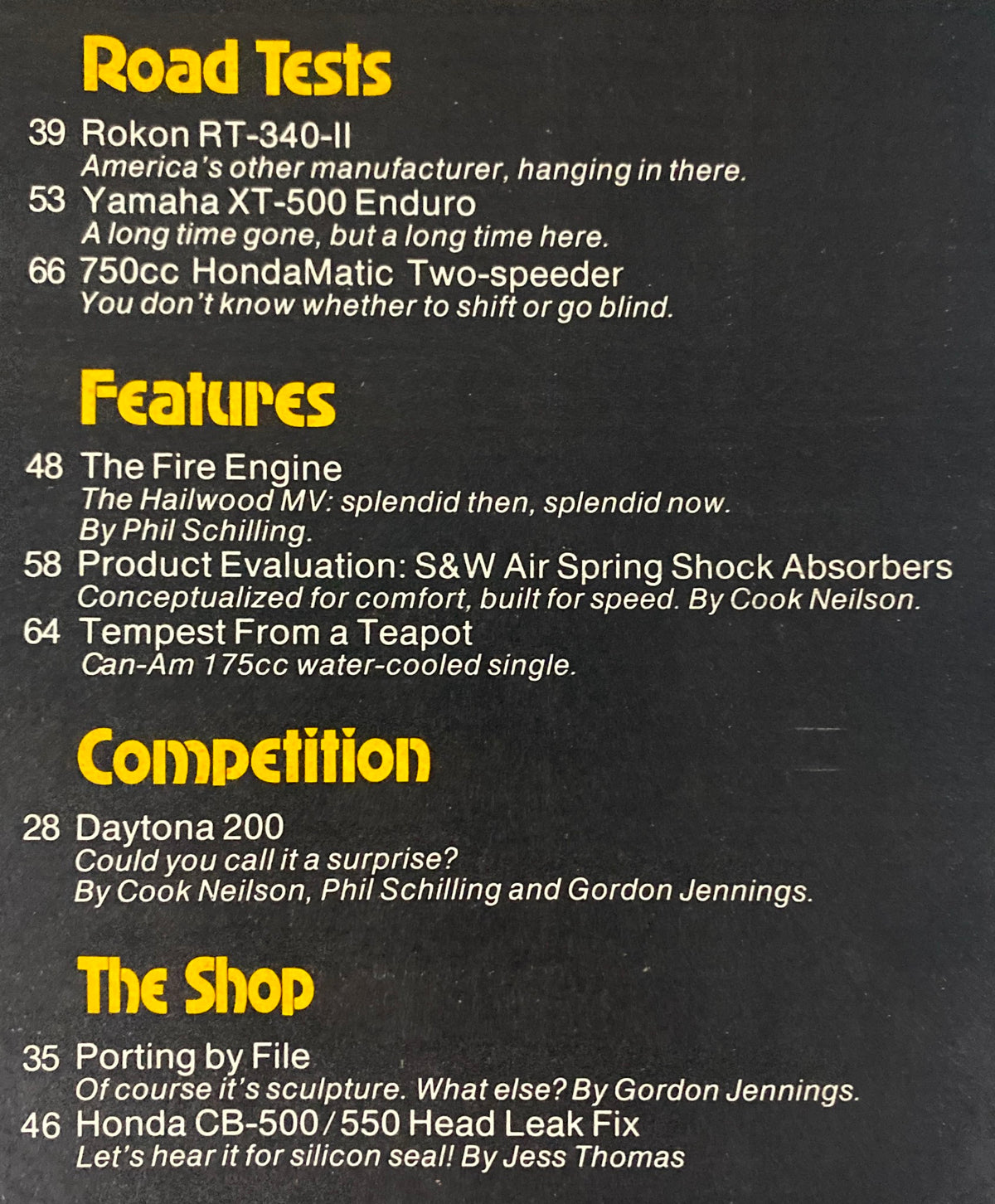 Cycle Magazine May 1976 - Road Tests section featuring Rokon RT-340-II and Yamaha XT-500 Enduro with highlighted test details from Cycle Magazine's vintage edition.
