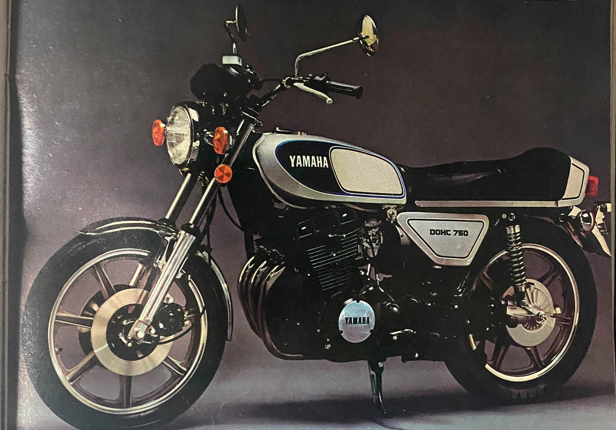 Cycle Magazine May 1976 - Featured photograph of Yamaha DOHC 750 motorcycle showcasing its design and features in the classic motorcycle era.