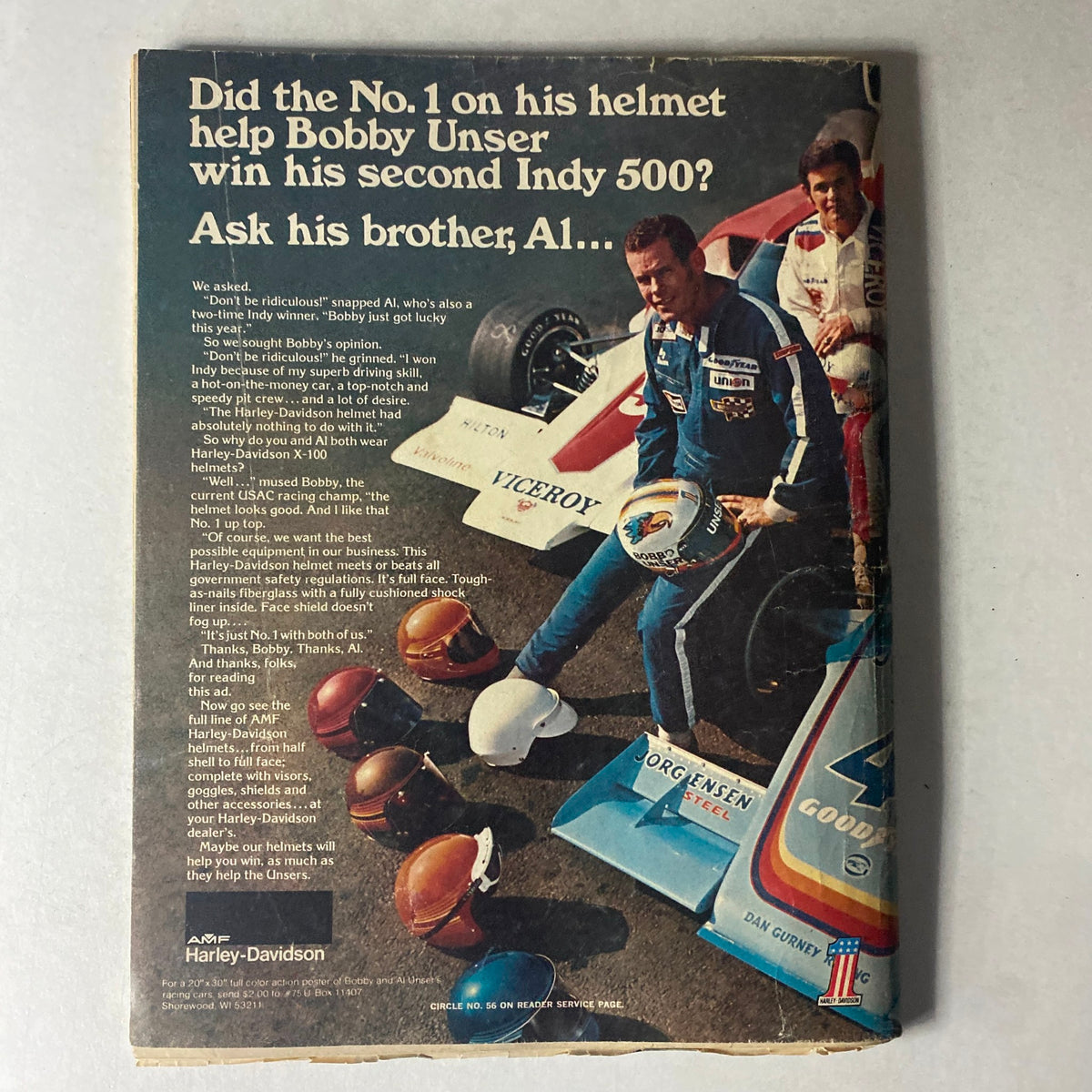 Cycle Magazine May 1976 - Back cover image featuring an advertisement related to Bobby Unser and Harley-Davidson helmets amidst racing memorabilia.