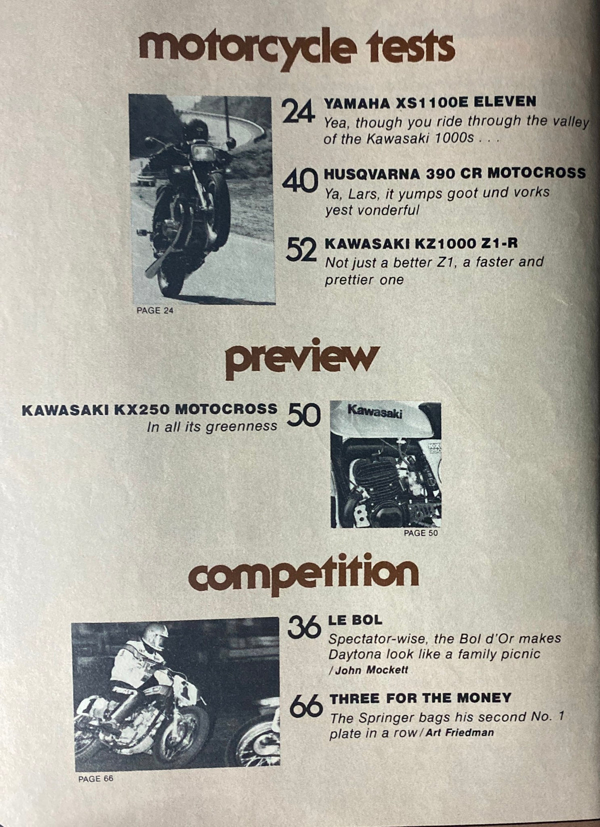 Interior page of Cycle Guide Magazine January 1978 displaying motorcycle tests and previews. Includes insights on Yamaha XS1100E Eleven, Husqvarna 390 CR Motocross, and Kawasaki KX250 Motocross.