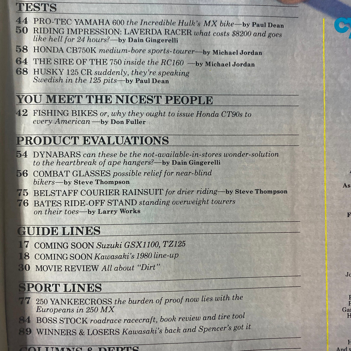 Contents page from Cycle Guide Magazine November 1979 highlighting motorcycle tests and evaluations, including notable models like Pro-Tec Yamaha 600 and Laverda Racer.