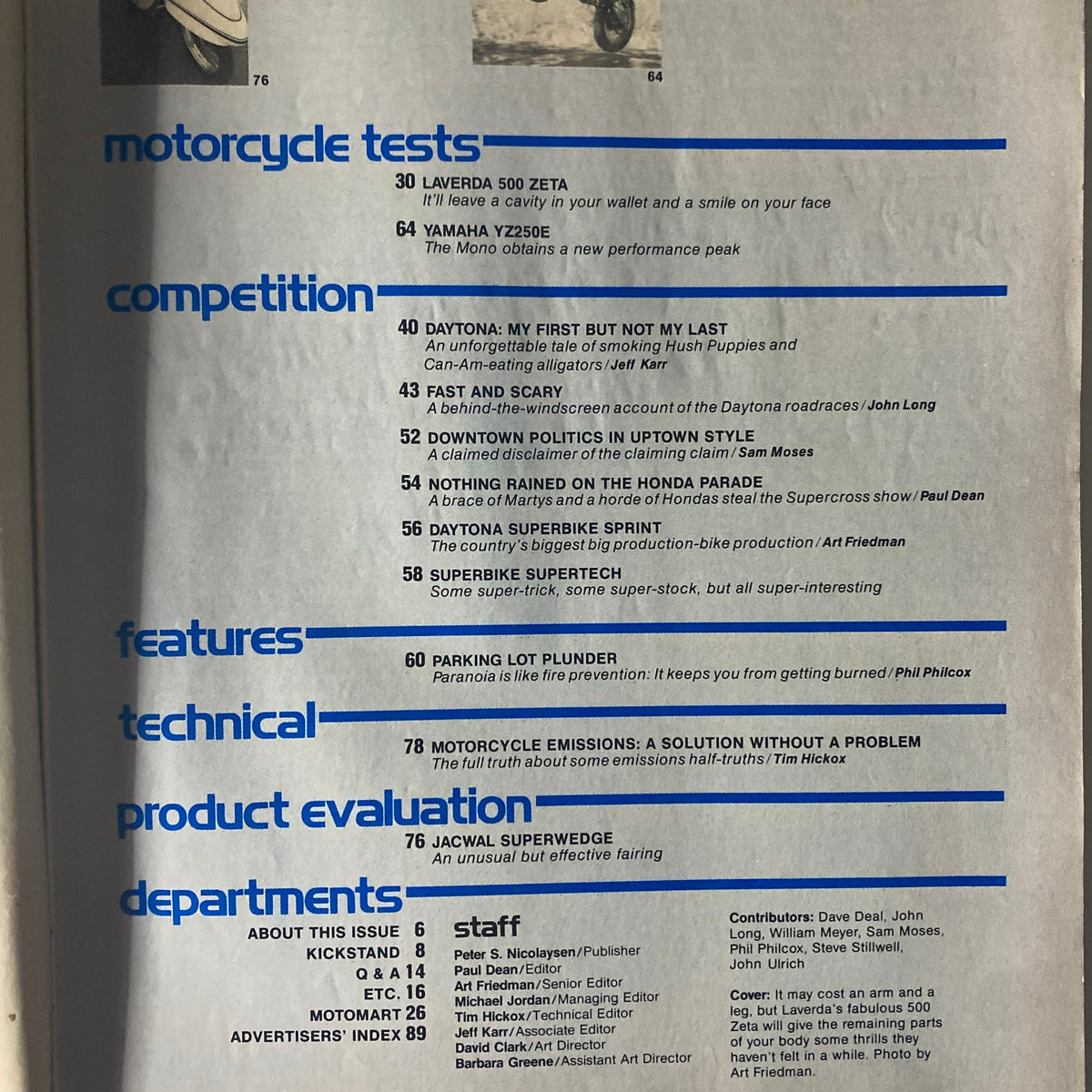 Inside page from Cycle Guide Magazine June 1978, showcasing motorcycle tests, highlighting the Laverda 500 Zeta and Yamaha YZ250E.