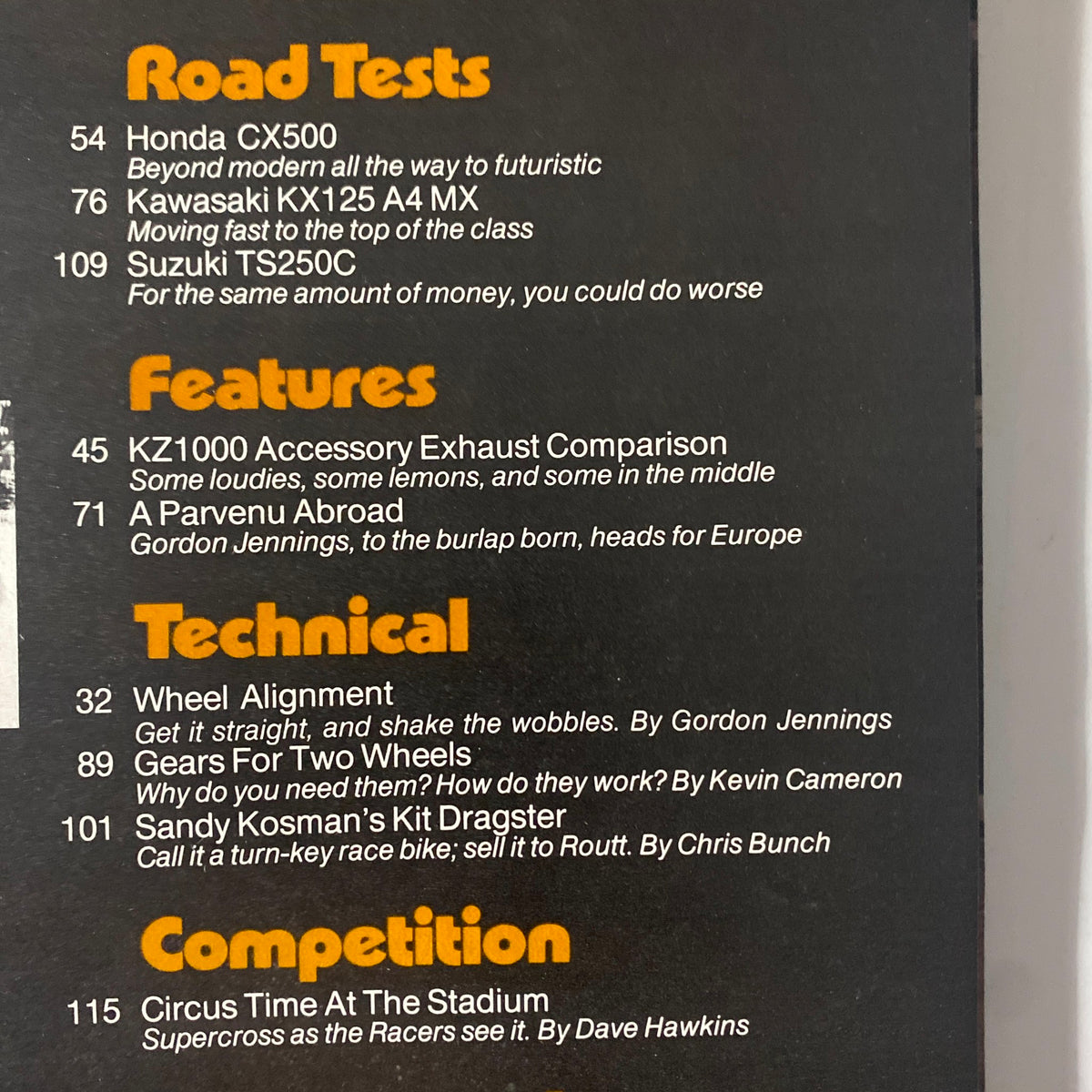 Table of contents from Cycle Magazine May 1978 featuring road tests of Honda CX500, Kawasaki KX125-A4 MX, and Suzuki TS250C, along with technical articles and competitions.