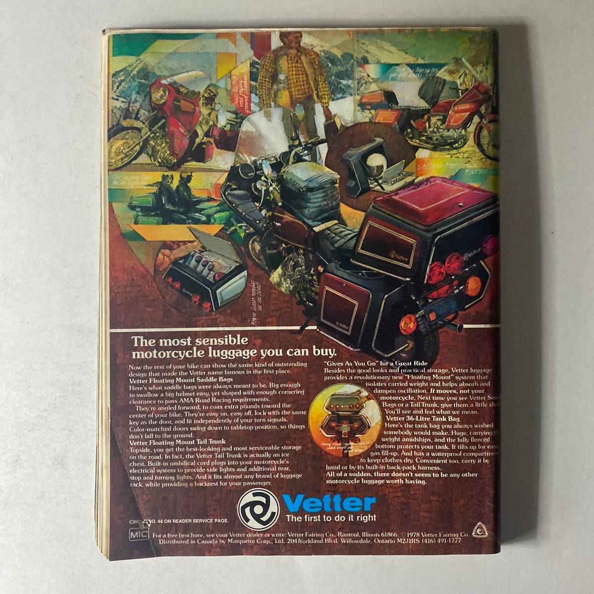 Back cover advertisement from Cycle Magazine May 1978 promoting Vetter motorcycle luggage, illustrating various motorcycle accessories and their benefits.