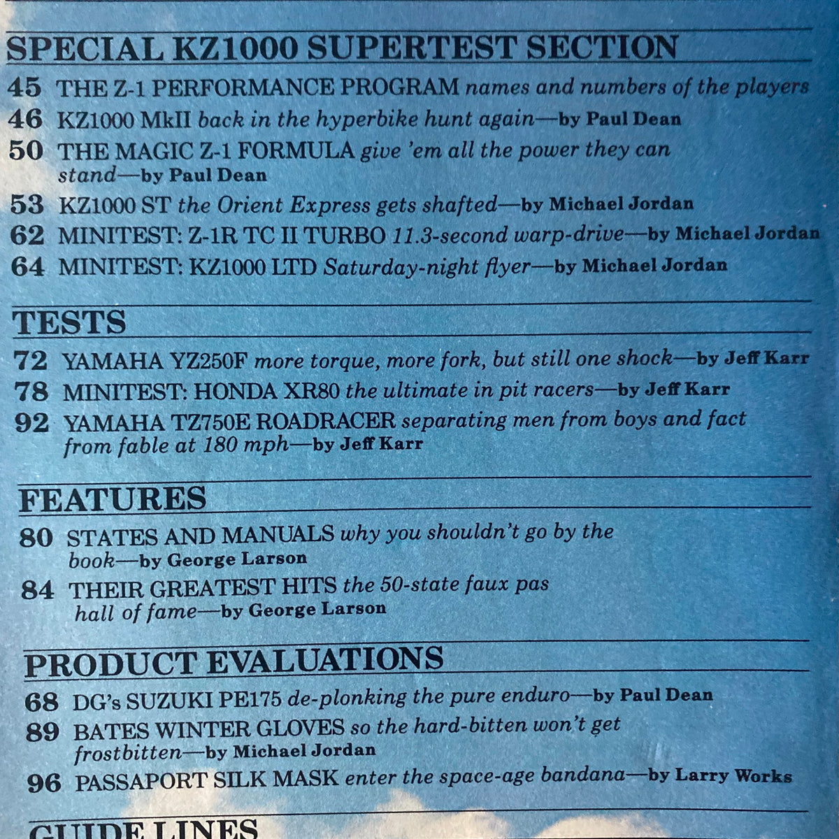 Cycle Guide Magazine April 1979 highlighting the Special KZ1000 Supertest section, showcasing articles about motorcycle performance and evaluations.