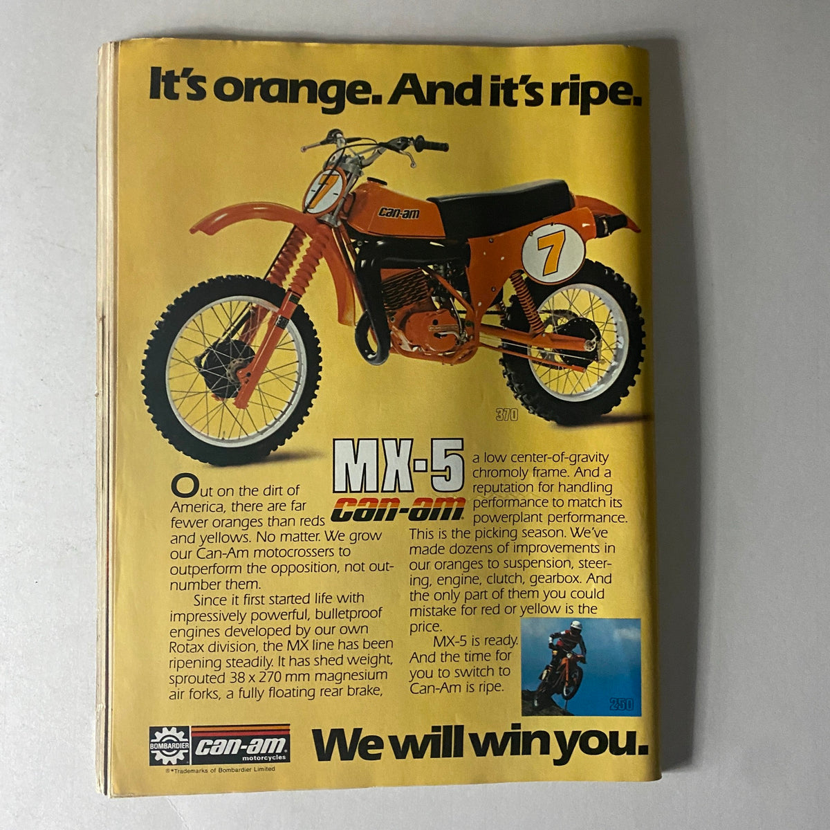 Cycle Guide Magazine April 1979 showcasing the Can-Am MX-5 motorcycle advertisement with striking orange color and performance highlights.