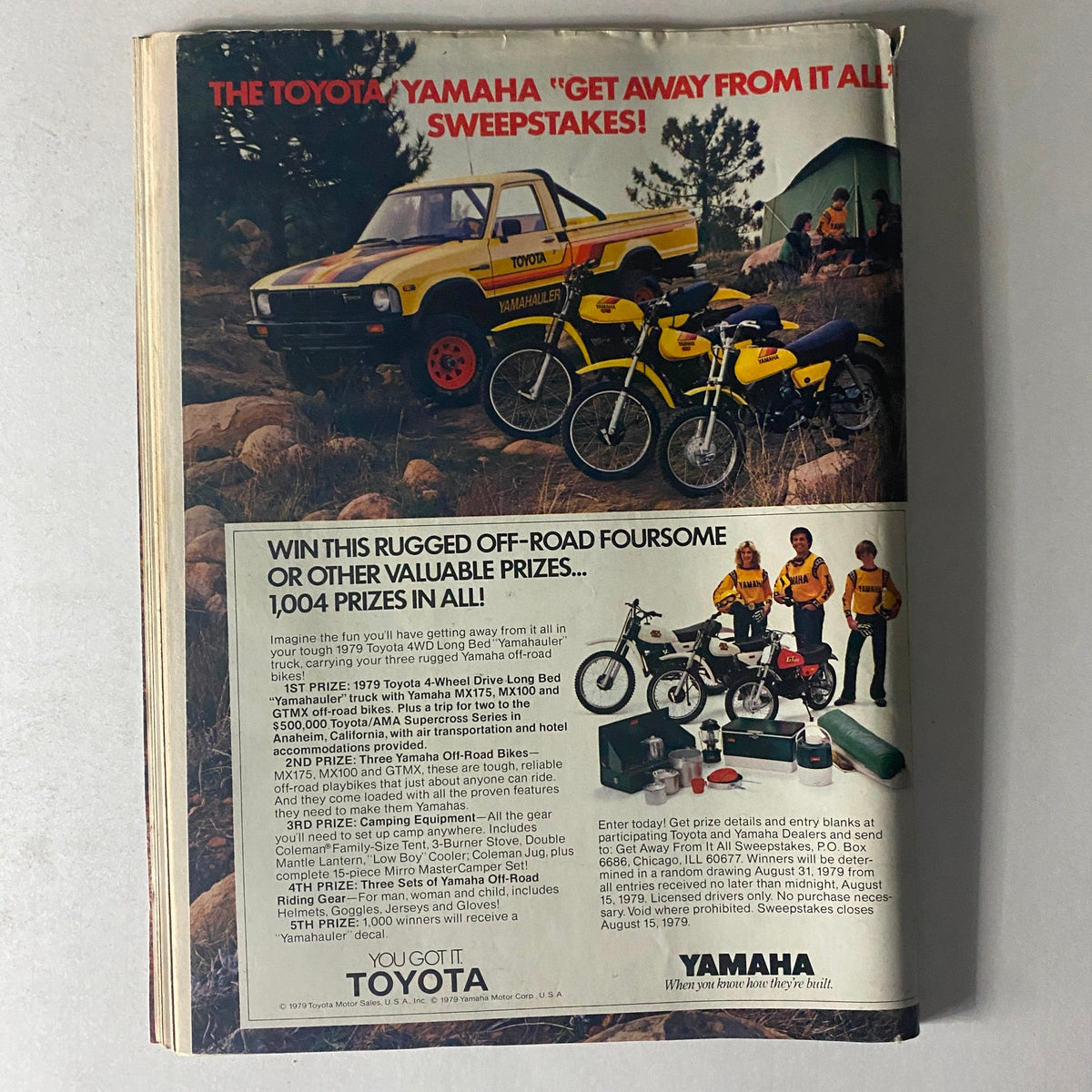 Back cover of Cycle Guide Magazine July 1979 displaying a Toyota-Yamaha sweepstakes advertisement with off-road vehicles and promotional details.