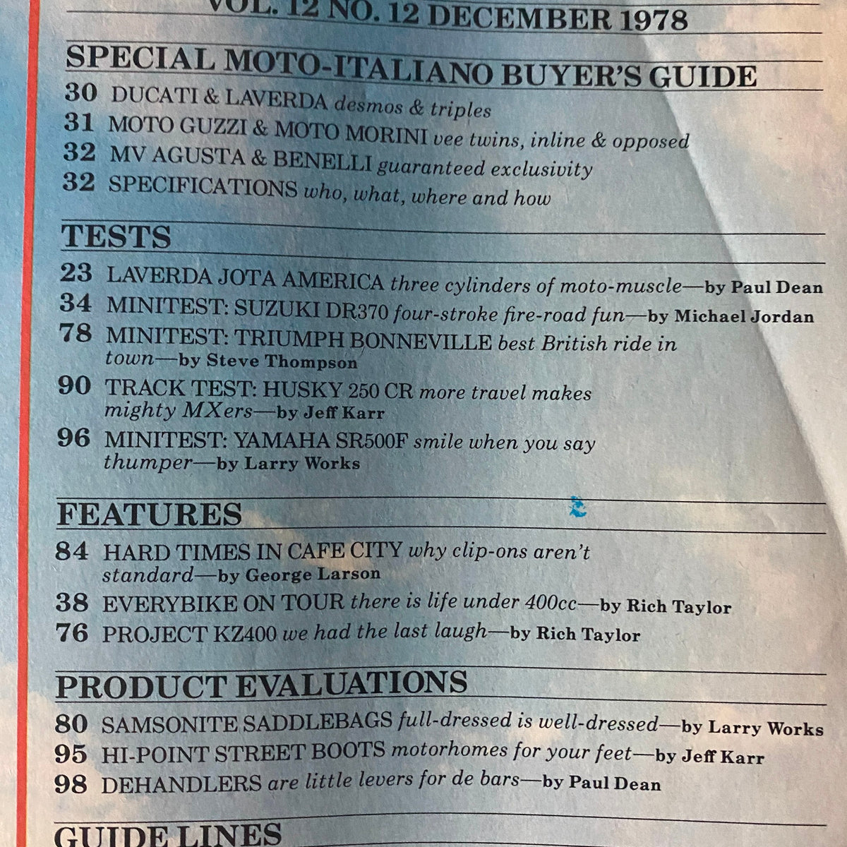 Table of contents for Cycle Guide Magazine December 1978 featuring the Moto-Italiano Buyer's Guide and various motorcycle tests including Laverda, Suzuki, and Triumph.