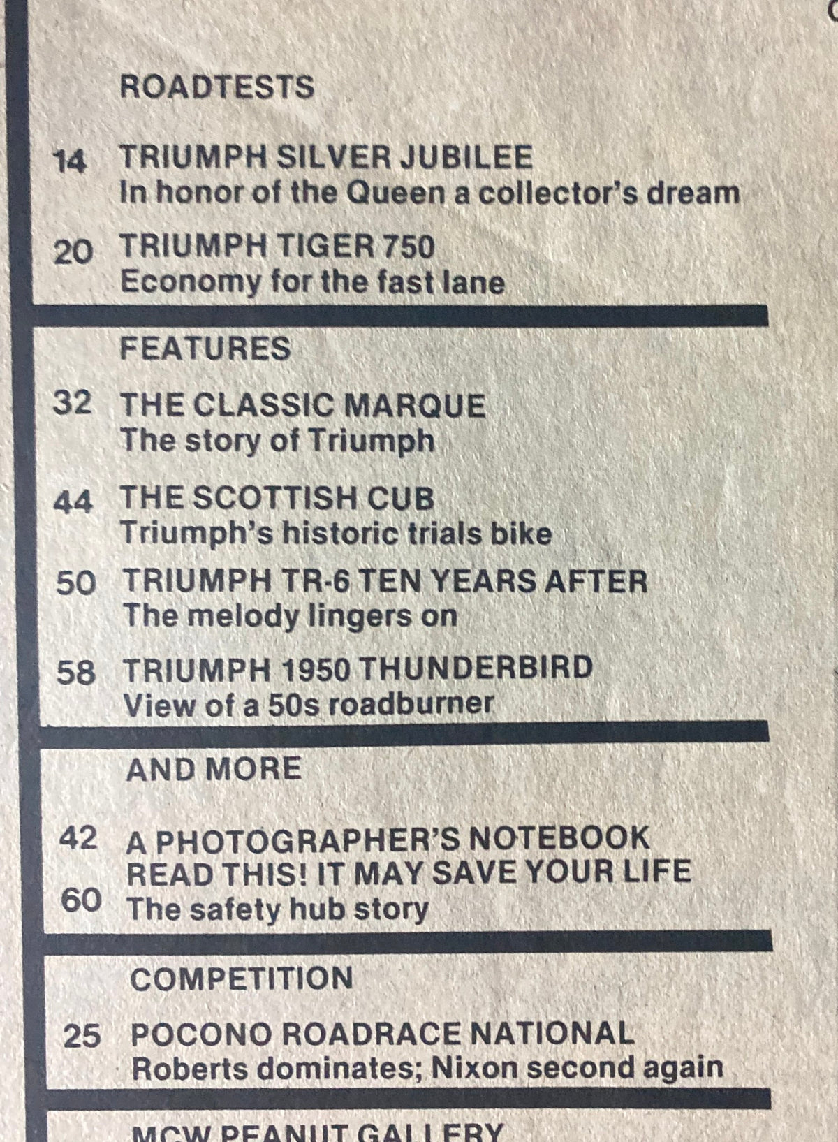 Interior page from Motor Cycle World Magazine January 1978 listing features such as road tests and articles on Triumph motorcycles, including the Silver Jubilee Tiger 750.
