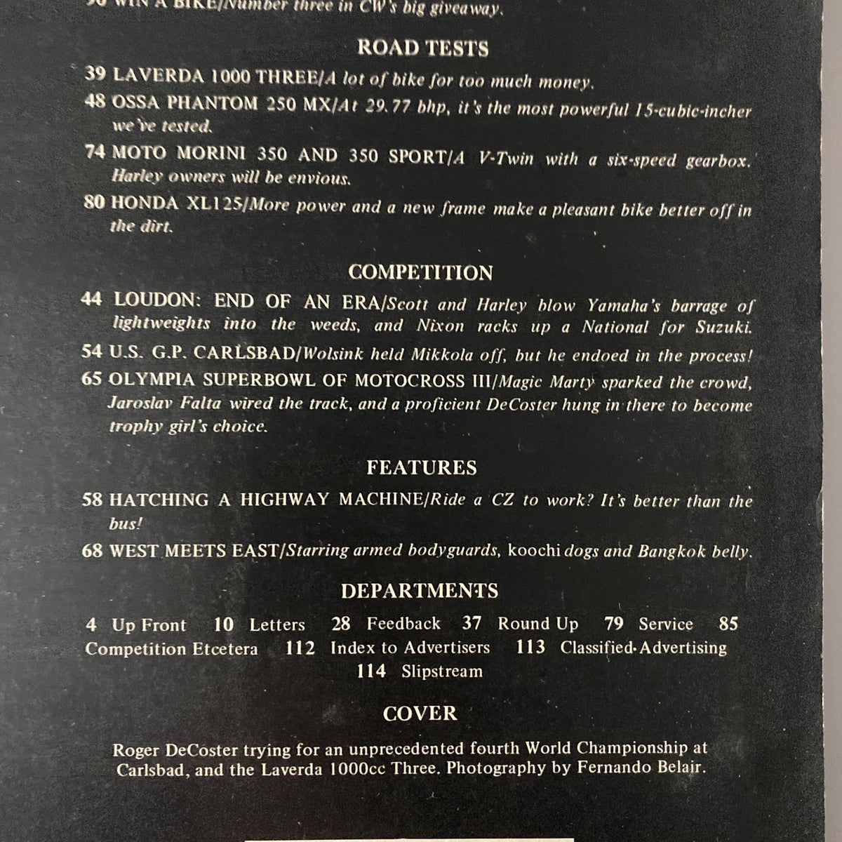 Cycle World Magazine October 1974 back cover detailing articles on motorcycle road tests, competition highlights, and features including the U.S. GP Carlsbad and the Olympia Super Bowl of Motocross.