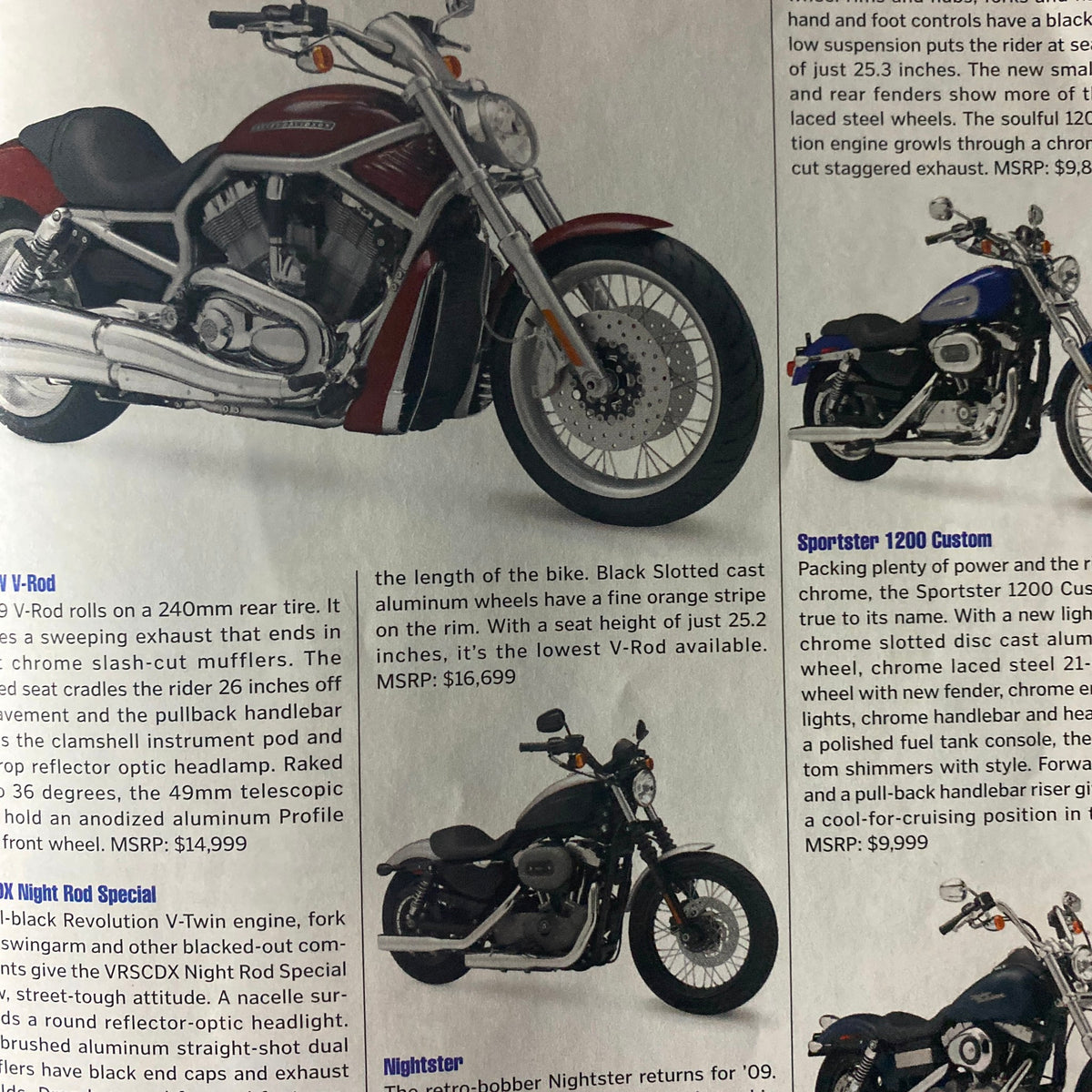 2009 American Motorcycle Guide Supplement showcasing a Harley Davidson V-Rod motorcycle highlighting its powerful engine and sporty design.