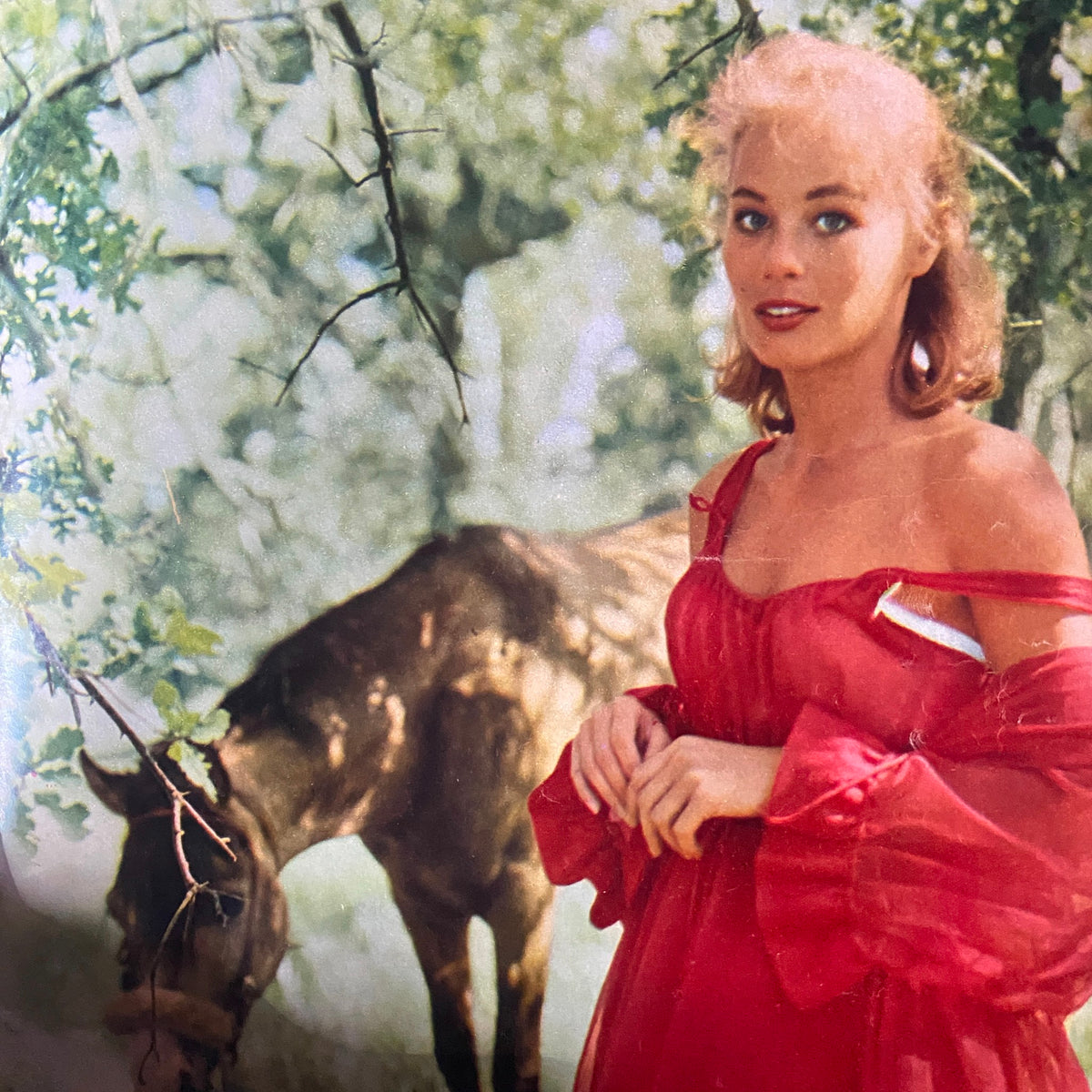 Nugget Magazine November 1957 cover featuring the striking Abby Dalton in a red dress, set against a picturesque outdoor background, showcasing mid-20th-century pop culture.