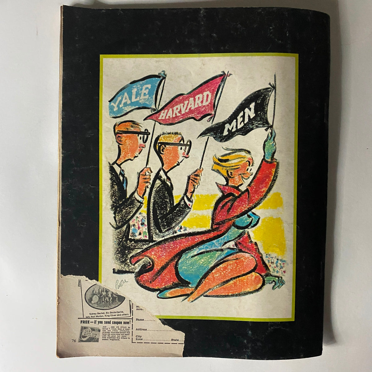 Nugget Magazine November 1957 interior art highlighting a colorful illustration of men holding Yale and Harvard flags alongside a woman in a red cape, reflecting the whimsical style of the time.