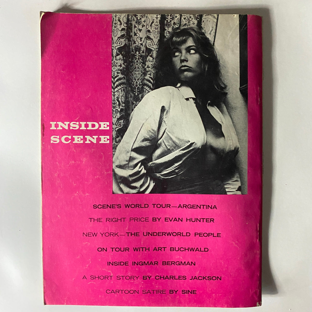 Back cover of Scene Magazine April 1962 displaying the text 'Inside Scene' with a striking black and white photo.