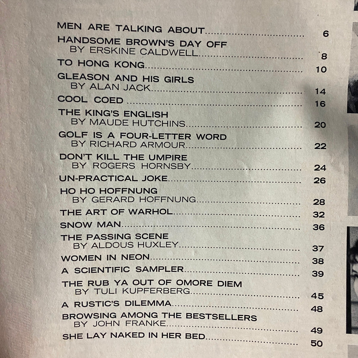 Table of contents for Scene Magazine, April 1963, listing notable articles and authors including Erskine Caldwell and Aldous Huxley.