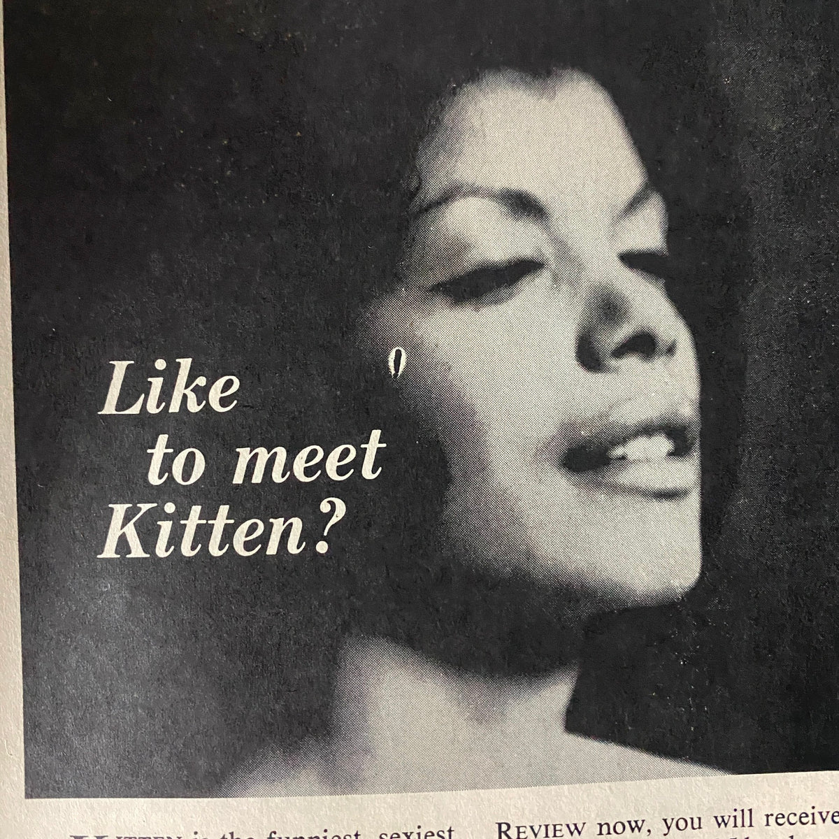 An advertisement in Scene Magazine, April 1963, featuring a black and white image of a woman with the text 'Like to meet Kitten?' alongside engaging promotional content.