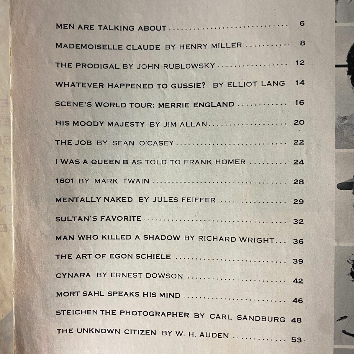 Contents page of Scene Magazine August 1961, listing articles by notable figures like Mark Twain and W.H. Auden, highlighting diverse literary contributions of the 1960s.